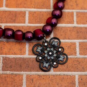 20 inch, Vintage Vibrant Purple Ball Beads Floral Bib Necklace - W30
